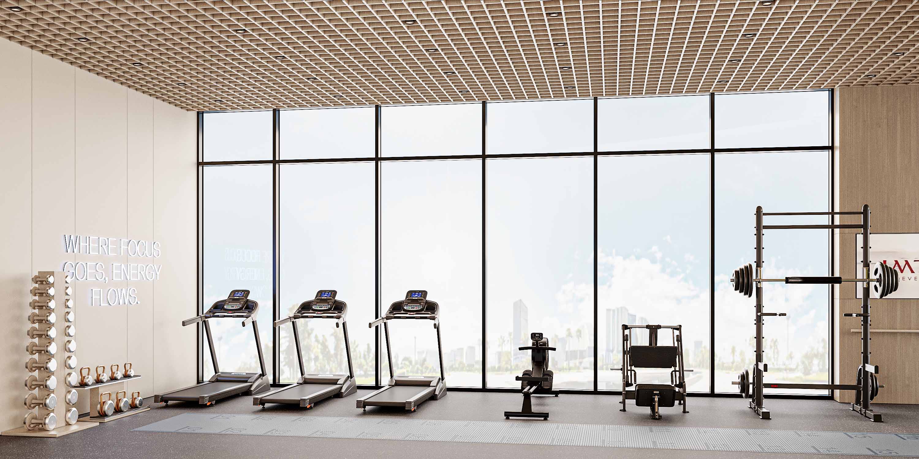 Cove Edition I By Imtiaz 1 A modern gym with treadmills, dumbbells, and weightlifting equipment beside large windows showcasing a city view.